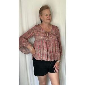 HEM & THREAD Red Pheasant Drawstring Blouse Top Womens L